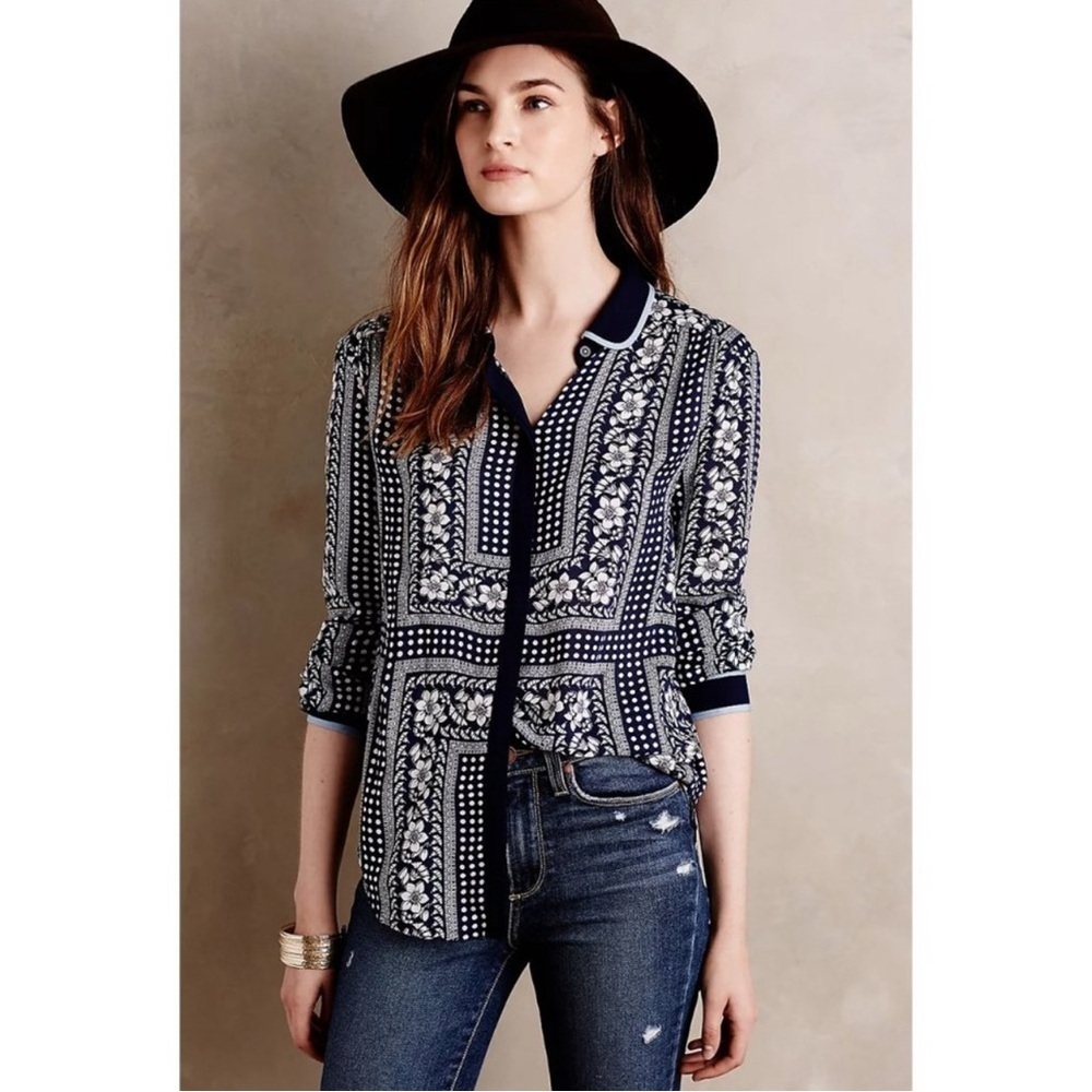 Maeve by Anthropologie “Clara” Blouse Print in Navy & White Size 2